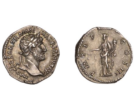 Hadrian, Denarius, 120-1, laureate head right, rev. p m tr p cos iii, Aequitas-Moneta standing left, holding scales and cornu