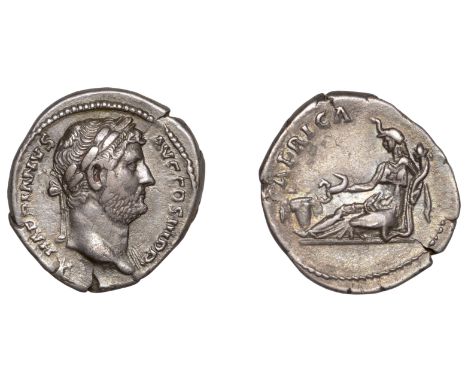 Hadrian, Denarius, 130-3, laureate bust right, drapery on far shoulder, rev. Africa reclining left, holding scorpion and corn