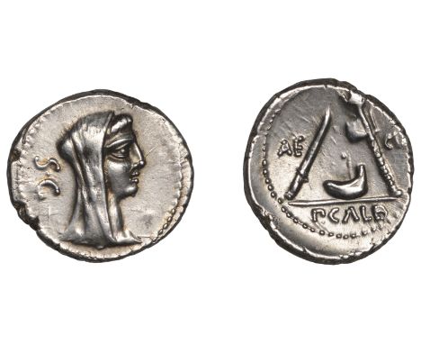 Roman Republican Coinage, P. Sulpicius Galba, Denarius, c. 69, veiled and draped bust of Vesta right s c behind, rev. knife, 