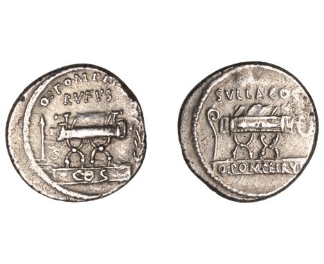 Roman Republican Coinage, Q. Pompeius Rufus, Denarius, c. 54, curule chair between arrow and laurel branch q pompei [q f] abo