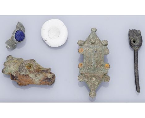 Medieval, Anglo-Saxon, Bronze pin, 8th century, with zoomorphic terminal of a small pig-like animal; together with Viking sti