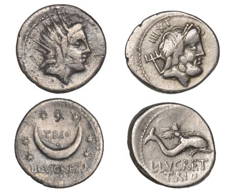 Roman Republican Coinage, L. Lucretius Trio, Denarii (2), c. 76, radiate head of Sol right, rev. crescent moon surrounded by 