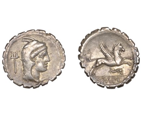 Roman Republican Coinage, L. Papius, serrate Denarius, c. 79, head of Juno Sospita right wearing goatskin headdress, trident 