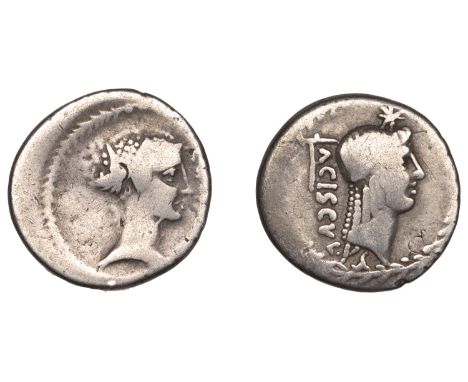 Roman Republican Coinage, L. Valerius Acisculus, Denarius, 45, head of Apollo right, wearing taenia, star above, pick-axe and