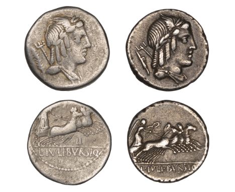 Roman Republican Coinage, L. Julius Bursio, Denarii (2), c. 85, laureate and winged head of Genius right, trident and harpoon