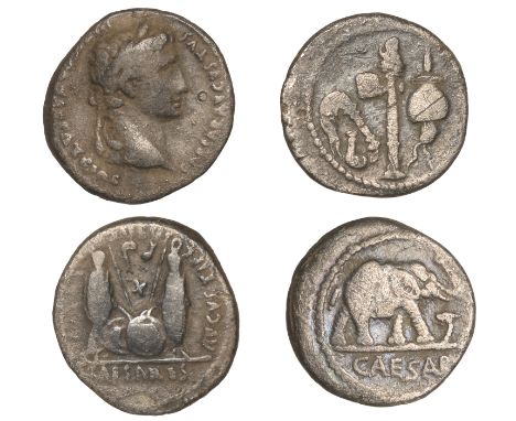 Roman Imperatorial Coinage, Julius Cæsar, Denarius, mobile military mint, 49, elephant walking right, trampling on dragon, re