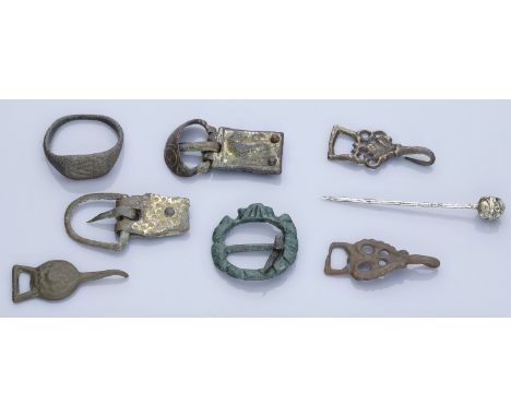 Medieval, 13th Century, Assorted artefacts (8), 13th-16th century, gilt-brass buckle and rectangular plate, 36mm long by 21mm