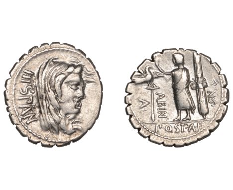 Roman Republican Coinage, A. Postumius A.f. Sp.n. Albinus, serrate Denarius, c. 81, veiled head of Hispania right, hispan beh
