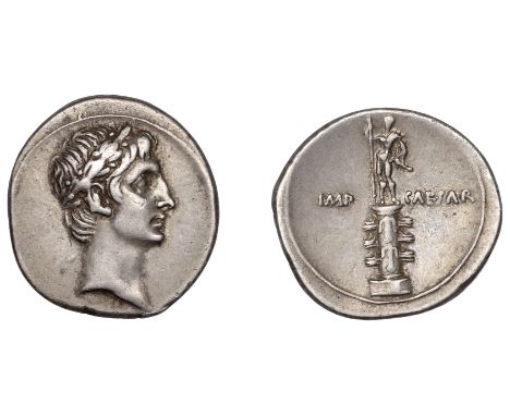 Octavian, Denarius, Rome?, 30-29, laureate head right within wire-line border, rev. statue of Octavian on rostral column, imp