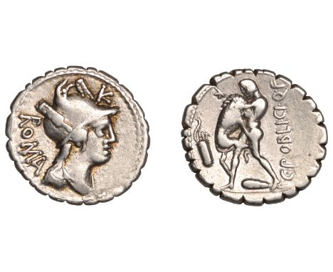 Roman Republican Coinage, C. Poblicius Q.f., serrate Denarius, c. 80, helmeted and draped bust of Roma right, roma behind, k 