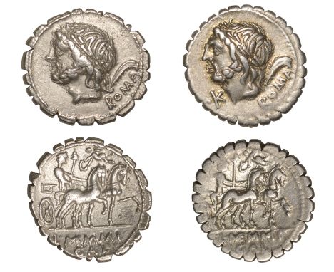 Roman Republican Coinage, L. Memmius Galeria, serrate Denarii (2), c. 106, laureate head of Saturn left, harpa and roma behin