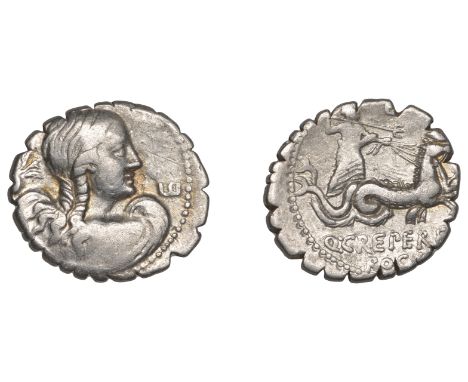 Roman Republican Coinage, Q. Creperius M.f. Rocus, serrate Denarius, c. 72, draped bust of Amphitrite right, octopus behind, 