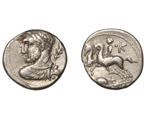 Roman Republican Coinage, T. Quinctius, Denarius, c. 112-111, laureate bust of Hercules, head turned to left, seen from behin