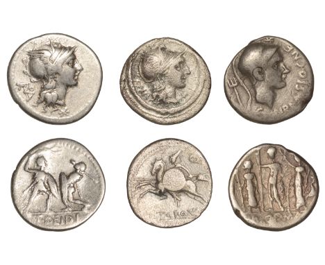 Roman Republican Coinage, Denarii (3), T. Didius, c. 113-112, helmeted head of Roma right, roma monogram behind, rev. two war