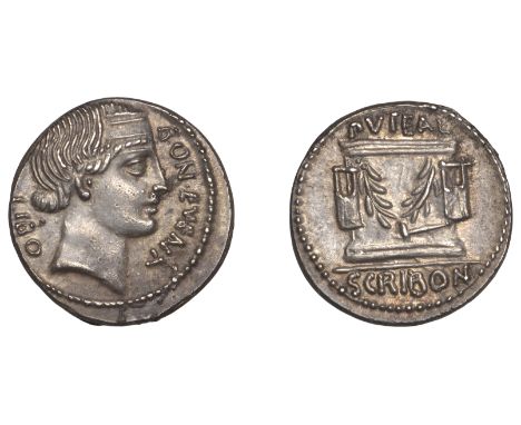 Roman Republican Coinage, L. Scribonius Libo, Denarius, c. 62, diademed head of Bonus Eventus right, bon event before, libo b