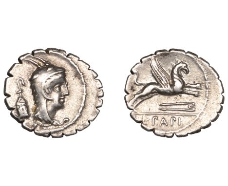 Roman Republican Coinage, L. Papius, serrate Denarius, c. 79, head of Juno Sospita right wearing goatskin headdress, lantern 