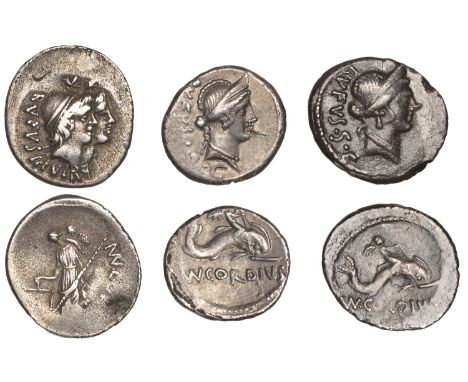 Roman Republican Coinage, Mn. Cordius Rufus, Denarii (3), 46, conjoined heads of the Dioscuri right, wearing pilei surmounted
