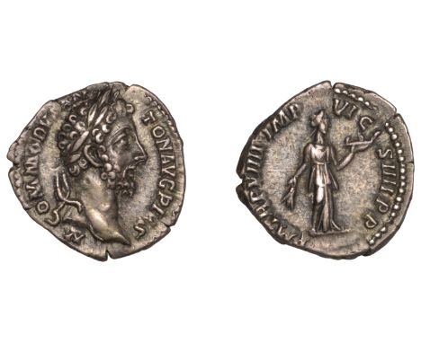 Commodus, Denarius, 183-4, laureate head right, rev. p m trp viiii imp vi cos iiii p p, Fides standing right, holding grain e