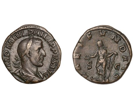 Philip I, Sestertius, laureate and draped bust right, rev. laet fvndata, Laetitia standing left on ship’s prow holding patera