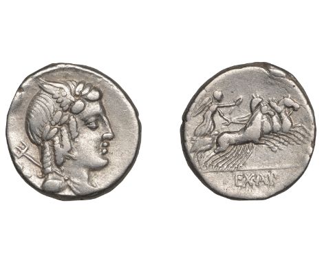 Roman Republican Coinage, L. Julius Bursio, Denarius, c. 85, laureate and winged head of Genius right, trident and uncertain 