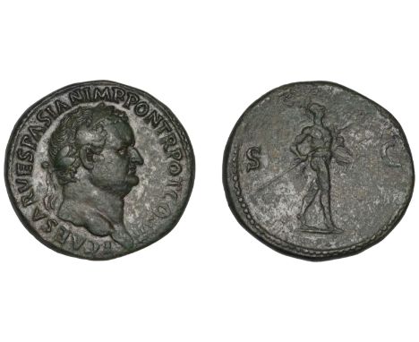 Roman Imperial Coinage, Titus (as Cæsar), Sestertius, 72, laureate head right, rev. Mars advancing left, holding spear and tr
