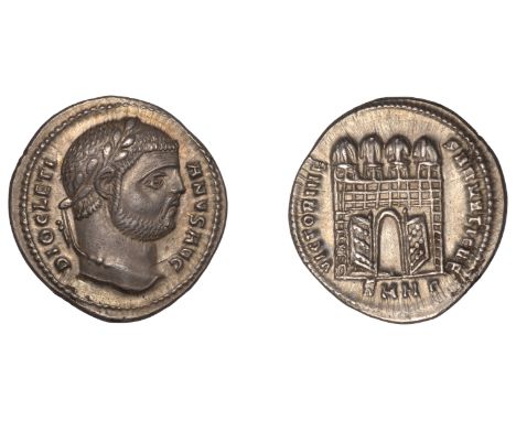 Diocletian, Argenteus, Nicomedia, 295-6, diocletianvs avg, laureate head right, rev. victoriae sarmaticae, four-turreted gate