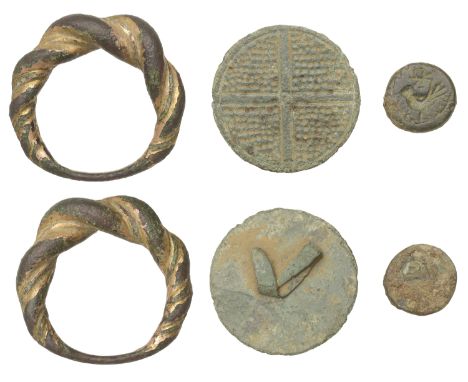 Medieval, 11th Century, A gilt-bronze ring, 11th-12th century, with plaited bands decoration, 30mm diameter; 12th-13th centur
