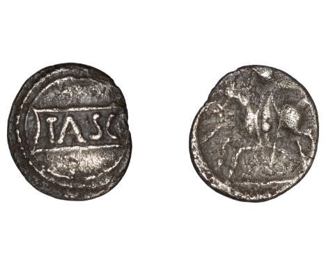 CATUVELLAUNI, Tasciovanus, silver Unit, Cavalryman type, tasc in panel within plain field, rev. warrior on horseback left, 1.
