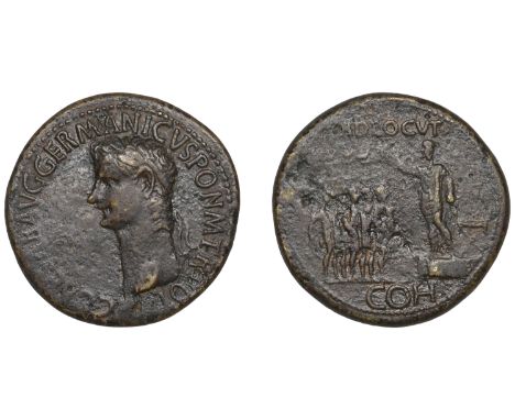 Roman Imperial Coinage, Gaius (Caligula), Sestertius, 37-41, laureate head left, rev. adlocvt coh, Caligula standing left on 