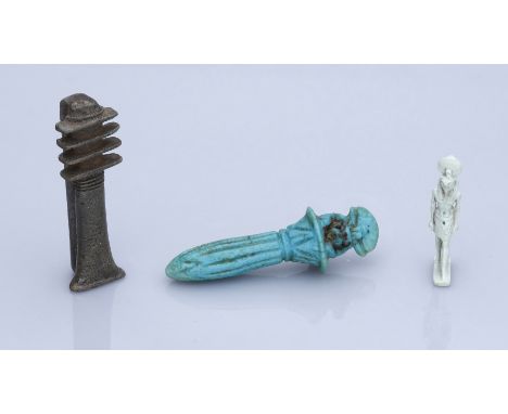 Egypt, Late Period (664-332 BC), Faience amulets (3), including a blue glazed papyrus column with the head of Re, 42mm, 2.57g