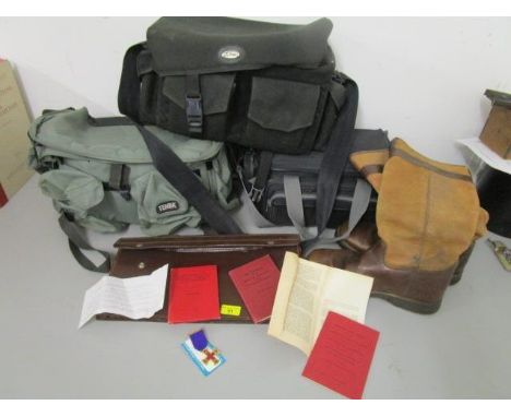 A pair of Sympetex Magellan and Mulloy leather boots, size 47, a leather case containing Masonic booklets and a gilt enamelle