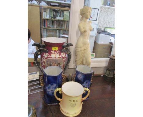 Mixed china to include a Worcester twin handled mug and an alabaster figure 