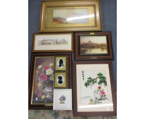 A print of Windsor Castle, a watercolour of a lake scene with mountains in the background, together with other prints 