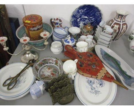 A mixed lot to include Imari bowls, brass letter rack, silver plated candelabra and other items 