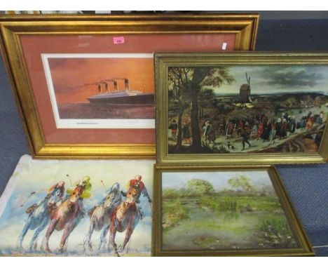An oil on canvas depicting a horse race, unsigned, and an Adrian Rigby print - 'Titanic's Last Sunset', together with other p