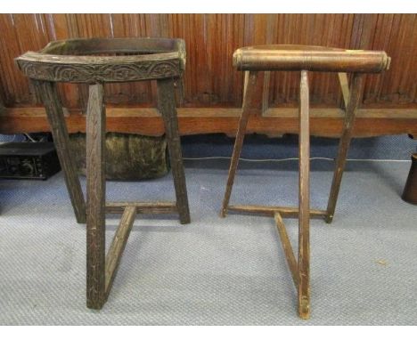 Two lace cushion stands, one in carved oak, the other in pine and bentwood, 19th century or later 