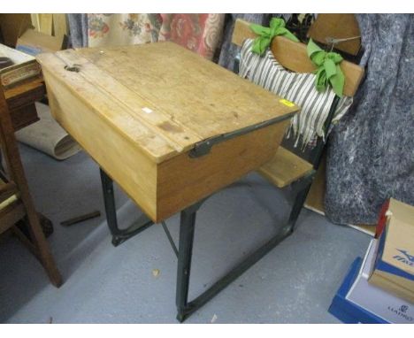 A pine and green painted metal school desk, 33" h x 33" w 