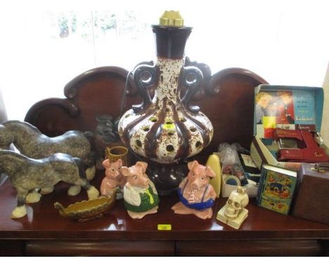 A large continental and retro table lamp, mixed china to include Nat West piggy banks and model shire horses, together with a