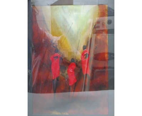 Njoquna - a portrait of three Masi Mara figures with spears, oil, signed lower right corner, 11 1/2" x 8", framed and glazed 