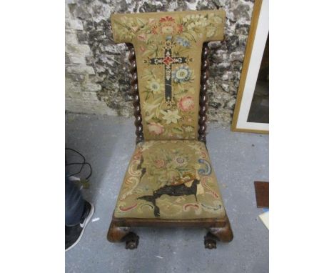 A mid Victorian rosewood framed prie due chair having a tapestry back and seat, raised on cabriole forelegs