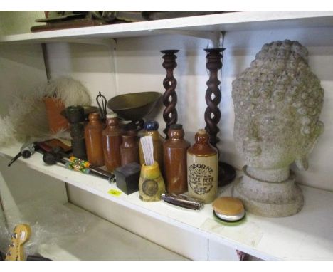 A pair of barley twist oak candlesticks, a composition/fibre glass head, scales and other items 