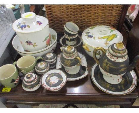 Royal Worcester Evesham kitchenware, a Japanese part teaset and a pair of Gisela Graham mugs 