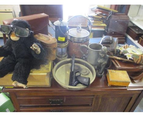 A Thomas Wilkins miners lamp, a leather and brass bound 19th Century Welsh Jones & Jones family bible and mixed metalware and