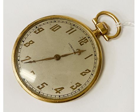 15CT GOLD LONGINES OPEN FACE POCKET WATCH - WORKING - 46.3 GRAMS INCLUDING MOVEMENT