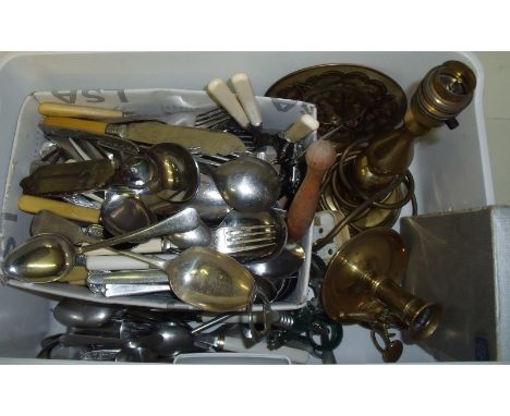 Selection of cutlery brass go to bed candlestick, brass table lamp etc.