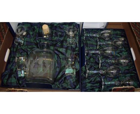 Two boxed sets of Gleneagles Crystal glasses, one with a decanter and four whiskey glasses with  wheel engraved thistle and t
