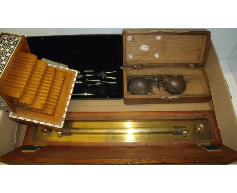 Cased brass draftmans rule, musical cigarette holder with decorative bone inlay, draftsman drawing set and cased set of brass