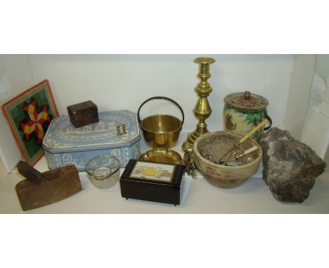 Box of assorted collectable's including tins, large brass candlestick, piece of quartz, small hobnail glass salt with silver 