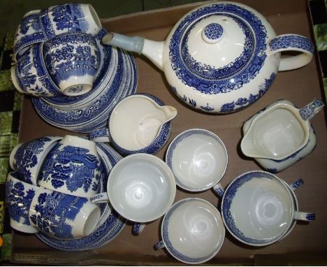 Box of assorted blue and white including teapot, cups saucers, plates etc.