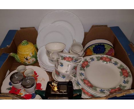 Adams Nectarine cups and saucers, tea plates and dinner plates, novelty teapot, two Royal Worcester egg coddlers etc.
